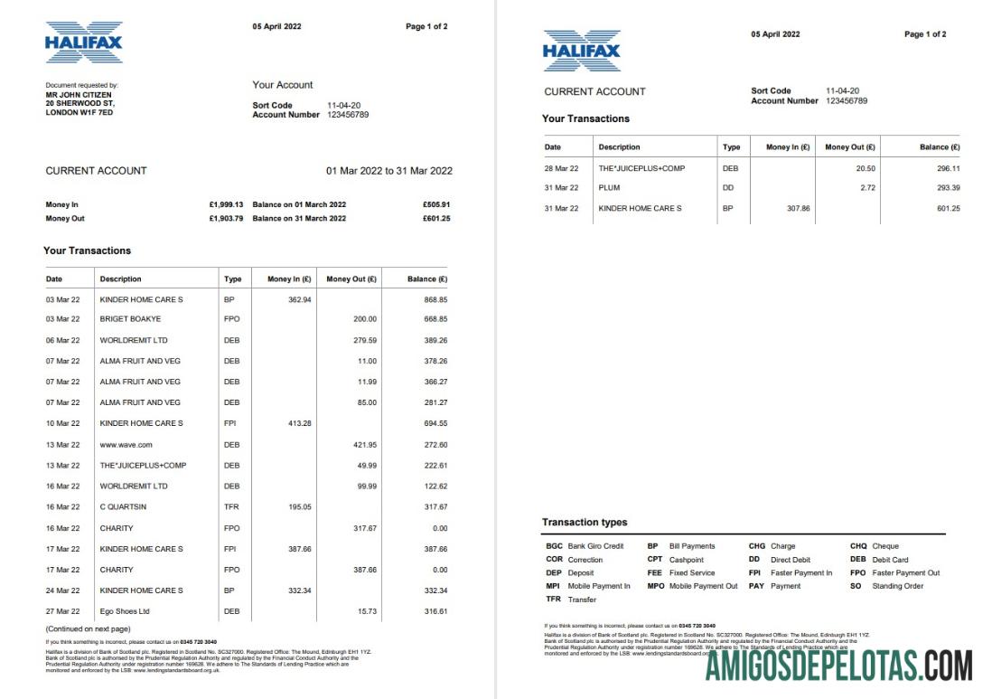 Extrato bancário Halifax do Reino Unido para impressão, modelo Word e PDF, 2 páginas, versão 2